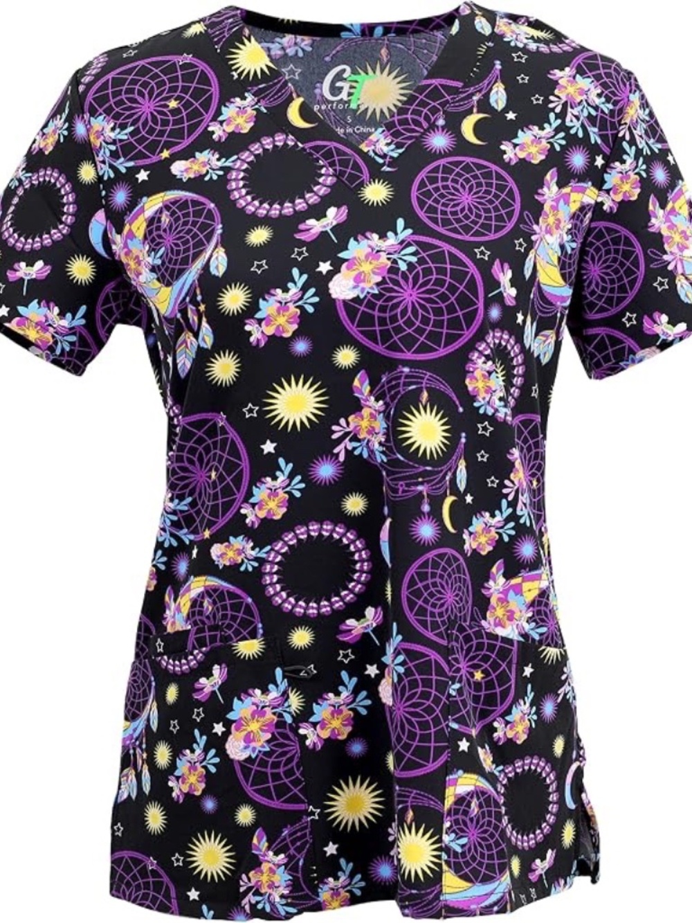 Green Town Women's Performance V-Neck Medical Scrub Stretch Tops, Dreamcatcher B